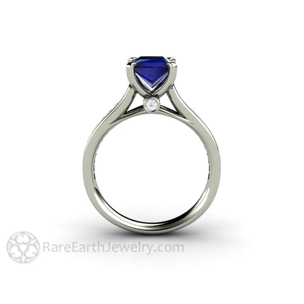 Princess Cut Blue Sapphire Engagement Ring Diamond Accented Solitaire 14K White Gold - Engagement Only - Rare Earth Jewelry