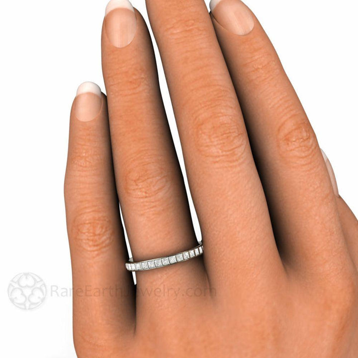 Princess Cut Diamond Band, Bar Set Modern Diamond Wedding Ring or Anniversary Band Shown on the Hand | Rare Earth Jewelry