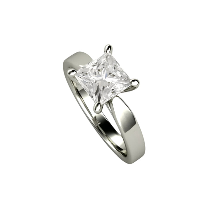 Princess Cut Moissanite Engagement Ring, Forever One Moissanite Solitaire, Classic 4 Prong with Wide Tapered Band in Gold or Platinum | Rare Earth Jewelry