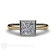 Princess Cut Moissanite Engagement Ring Square Bezel Set Solitaire 14K Yellow/White Top - Rare Earth Jewelry