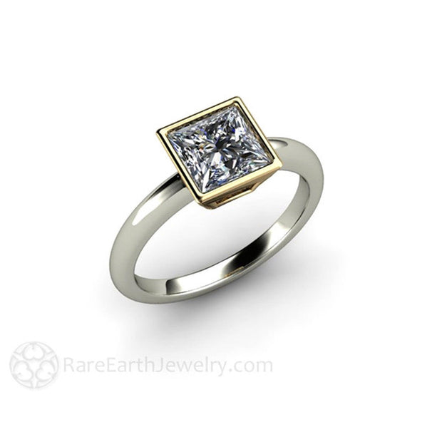 Princess Cut Moissanite Engagement Ring Square Bezel Set Solitaire 14K White/Yellow Top - Rare Earth Jewelry