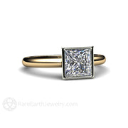 Princess Cut Moissanite Engagement Ring Square Bezel Set Solitaire 18K Yellow/White Top - Rare Earth Jewelry