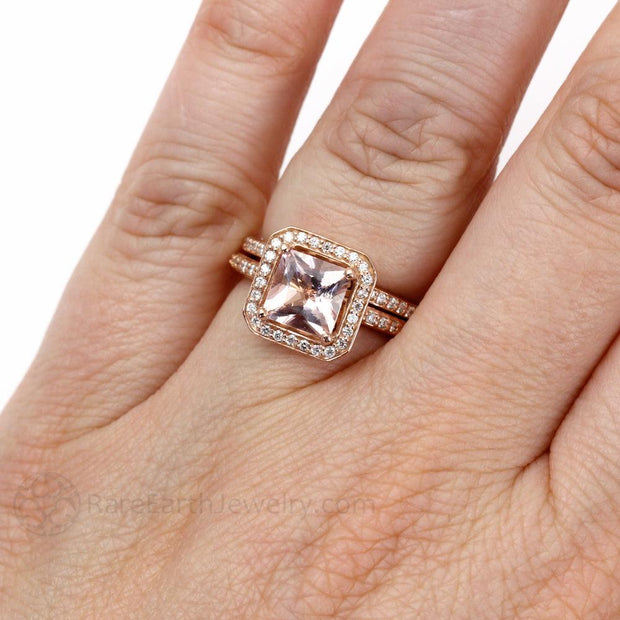 Princess Cut Morganite Ring Square Diamond Halo Engagement Ring 14K Rose Gold - Wedding Set - Rare Earth Jewelry