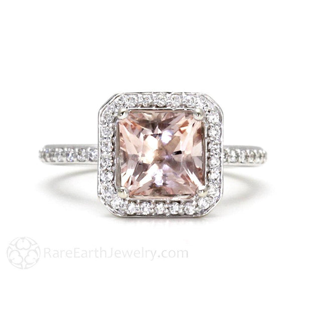 Princess Cut Morganite Ring Square Diamond Halo Engagement Ring 14K Rose Gold - Wedding Set - Rare Earth Jewelry