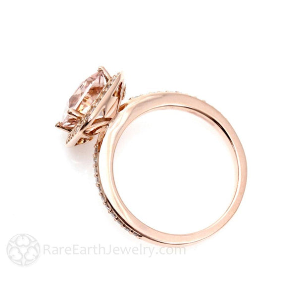 Princess Cut Morganite Ring Square Diamond Halo Engagement Ring 14K Rose Gold - Engagement Only - Rare Earth Jewelry