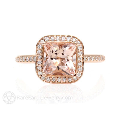 Princess Cut Morganite Ring Square Diamond Halo Engagement Ring 14K Rose Gold - Engagement Only - Rare Earth Jewelry