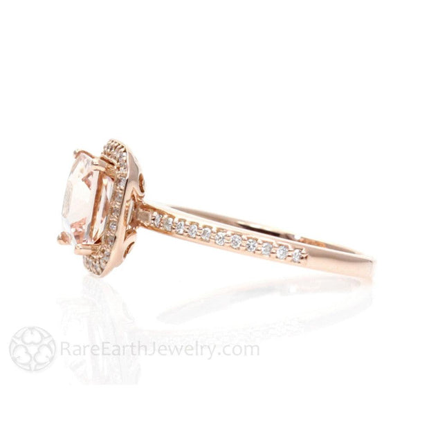 Princess Cut Morganite Ring Square Diamond Halo Engagement Ring 18K Rose Gold - Engagement Only - Rare Earth Jewelry