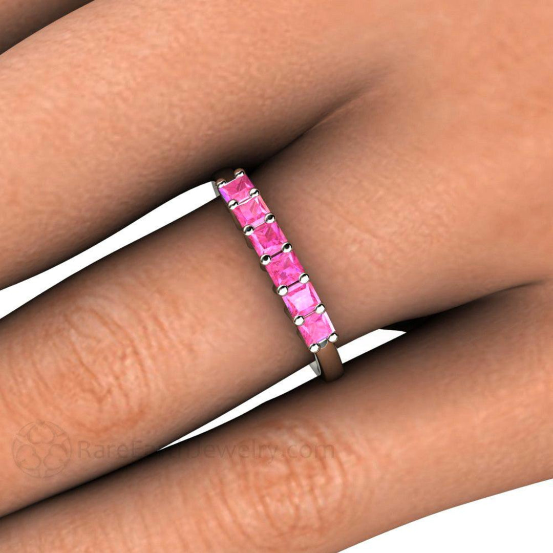 Pink Sapphire Princess Anniversary Band or Stacking Ring, Rare Earth Jewelry