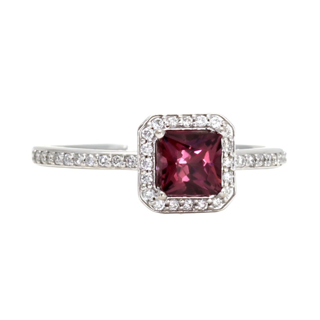 Princess Cut Rhodolite Garnet Ring with Diamonds January Birthstone, Rare Earth Jewelry