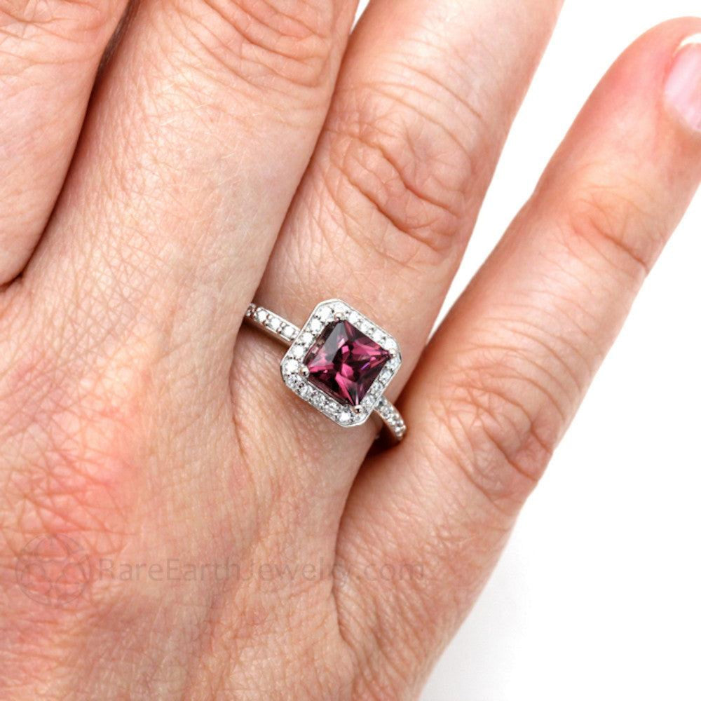 Princess Cut Rhodolite Garnet Ring with Diamonds January Birthstone, Rare Earth Jewelry
