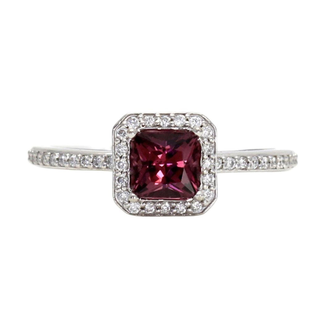 Princess Cut Rhodolite Garnet Ring with Diamonds January Birthstone, Rare Earth Jewelry