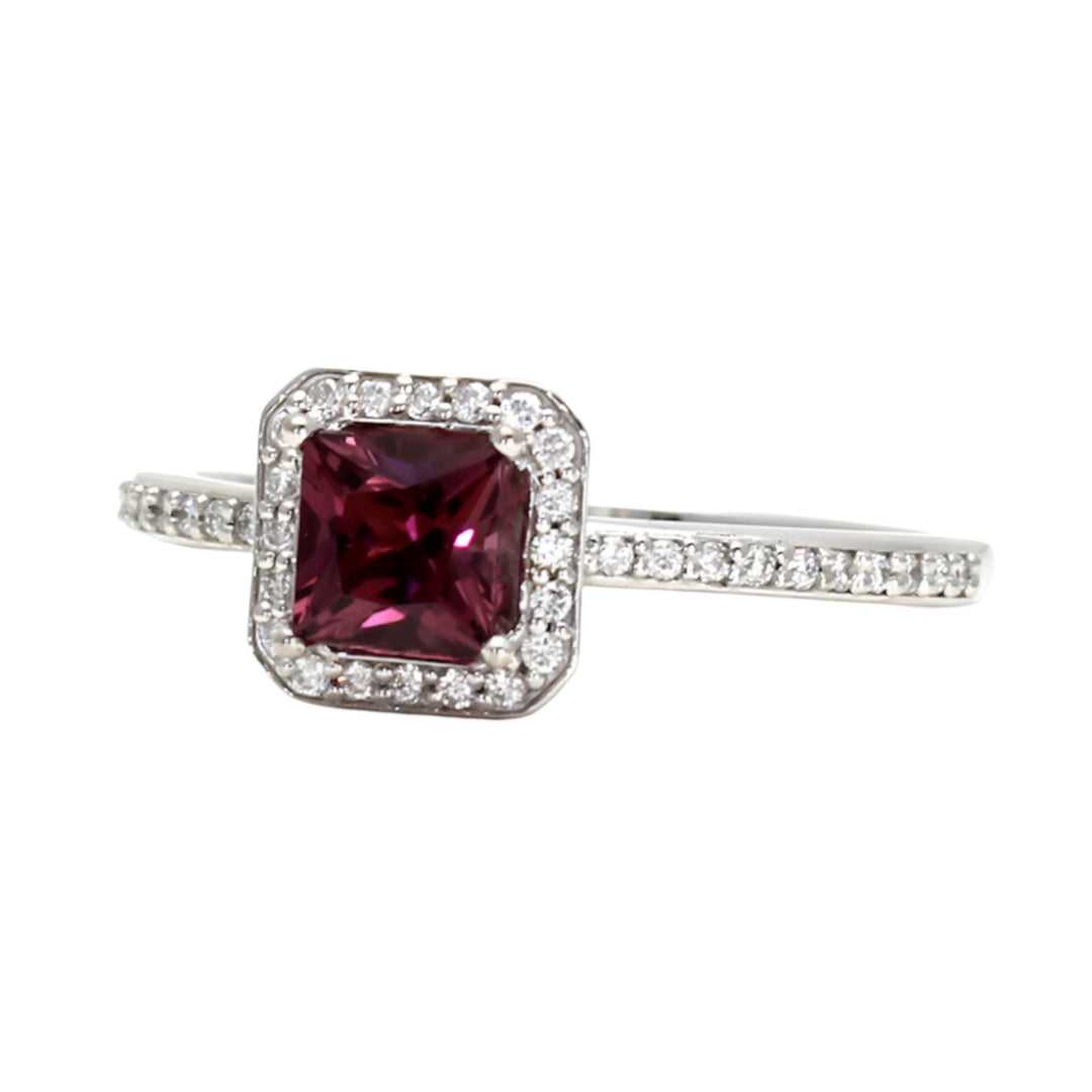 Princess Cut Rhodolite Garnet Ring with Diamonds January Birthstone, Rare Earth Jewelry