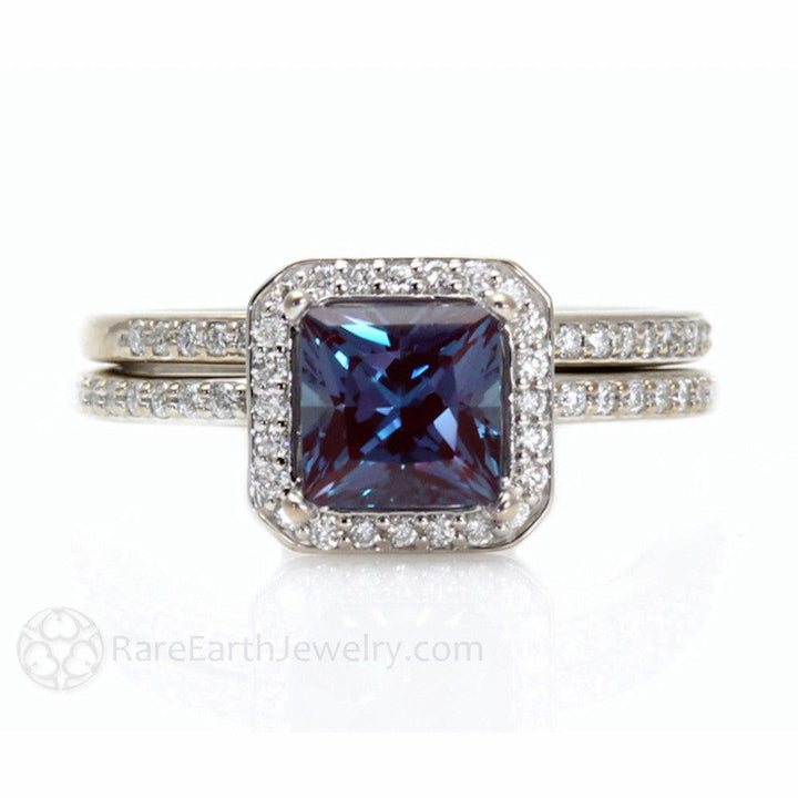 Princess Halo Alexandrite Engagement Ring or Wedding Set - Rare Earth Jewelry