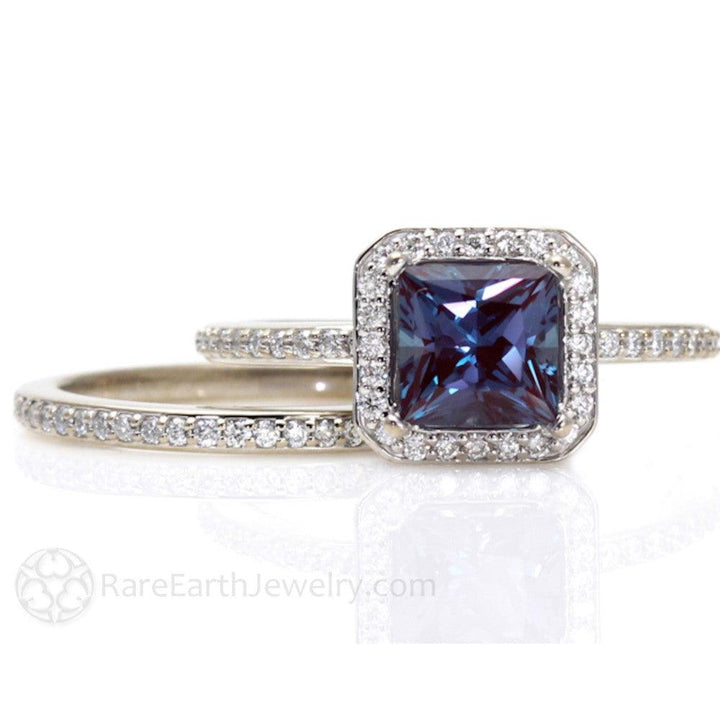 Princess Halo Alexandrite Engagement Ring or Wedding Set - Rare Earth Jewelry