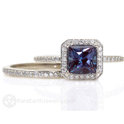 Princess Halo Alexandrite Engagement Ring or Wedding Set 14K White Gold - Wedding Set - Rare Earth Jewelry