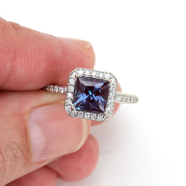 Princess Halo Alexandrite Engagement Ring or Wedding Set 18K White Gold - Engagement Only - Rare Earth Jewelry