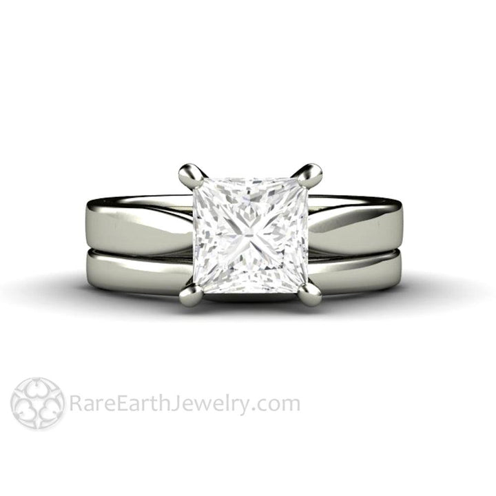 Princess Solitaire Engagement Ring 4 Prong Classic Forever One Moissanite 14K White Gold - Wedding Set - Rare Earth Jewelry
