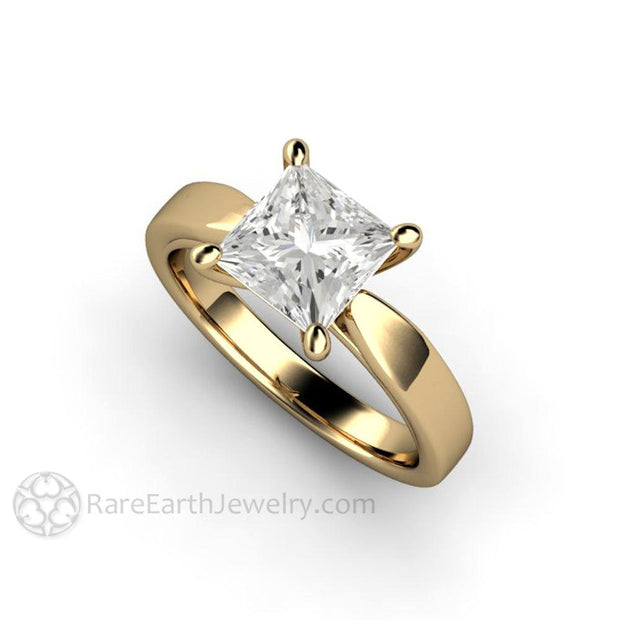 Princess Solitaire Engagement Ring 4 Prong Classic Forever One Moissanite 14K Yellow Gold - Engagement Only - Rare Earth Jewelry