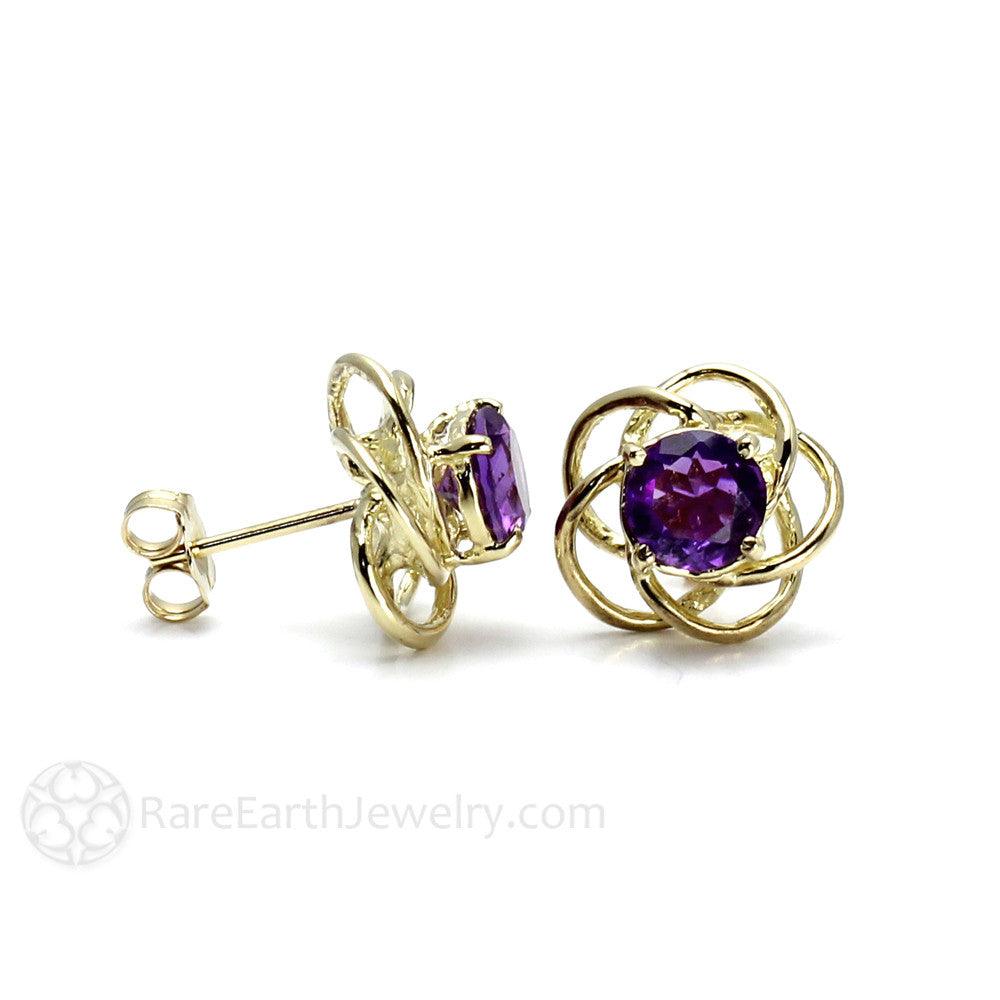 Purple Amethyst Earrings in 14K Gold Floral Studs with Posts - Rare Earth Jewelry