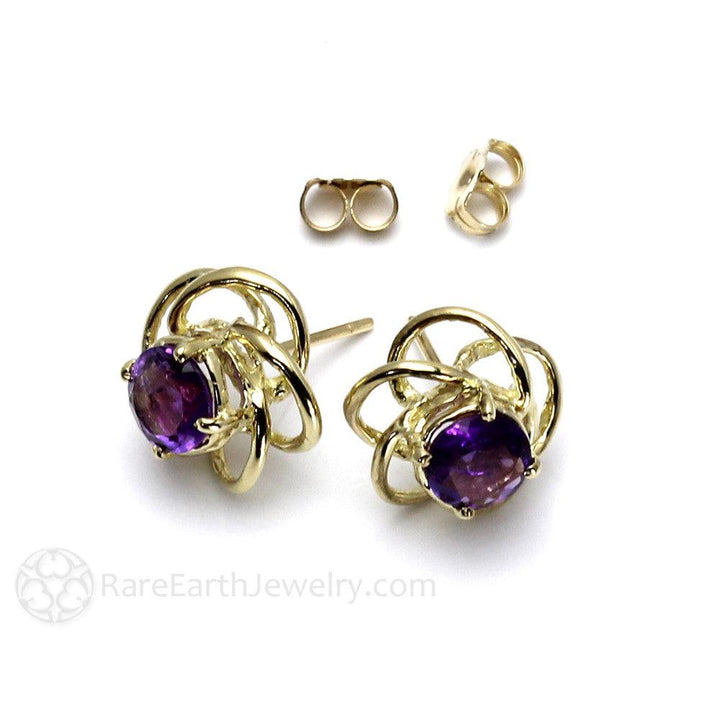 Purple Amethyst Earrings in 14K Gold Floral Studs with Posts - Rare Earth Jewelry