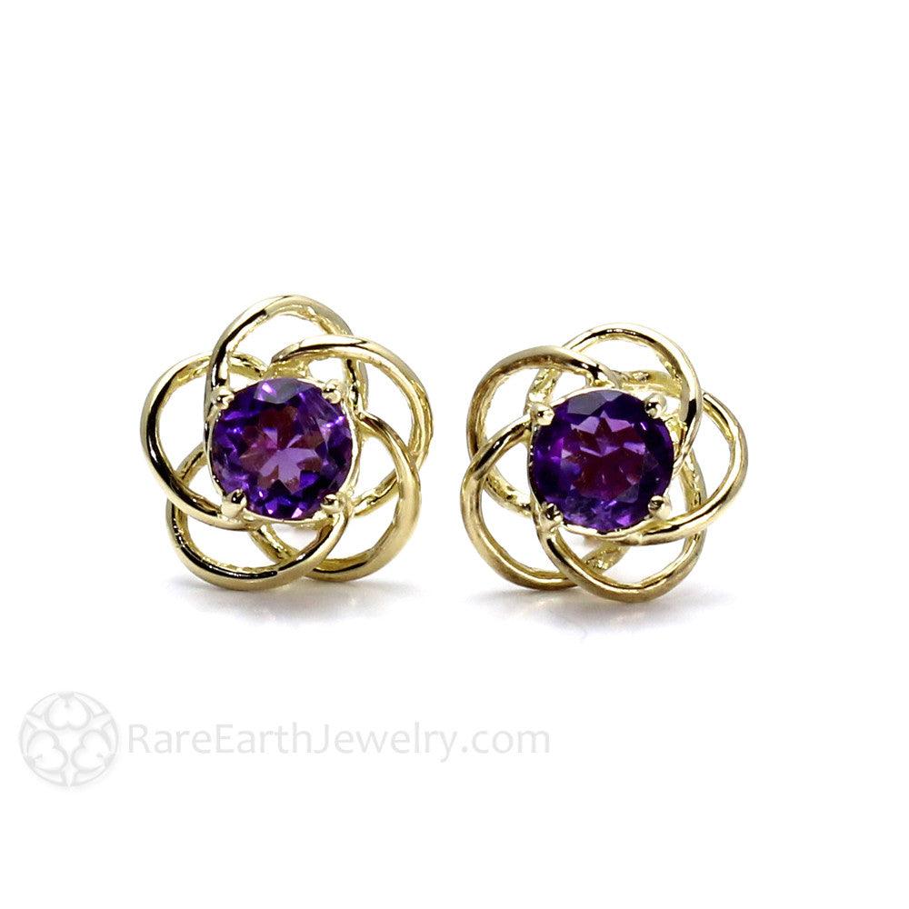 Purple Amethyst Earrings in 14K Gold Floral Studs with Posts - Rare Earth Jewelry