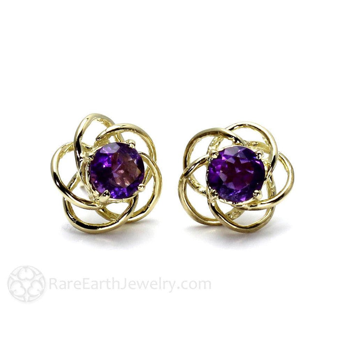 Purple Amethyst Earrings in 14K Gold Floral Studs with Posts - Rare Earth Jewelry