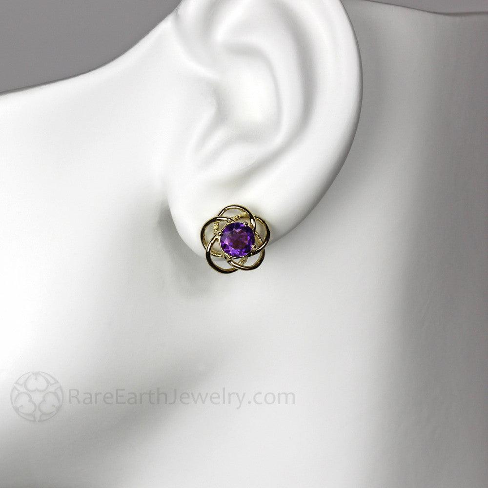 Purple Amethyst Earrings in 14K Gold Floral Studs with Posts - Rare Earth Jewelry