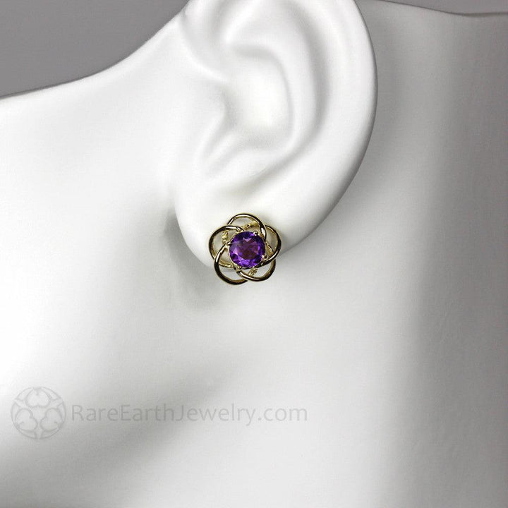 Purple Amethyst Earrings in 14K Gold Floral Studs with Posts - Rare Earth Jewelry