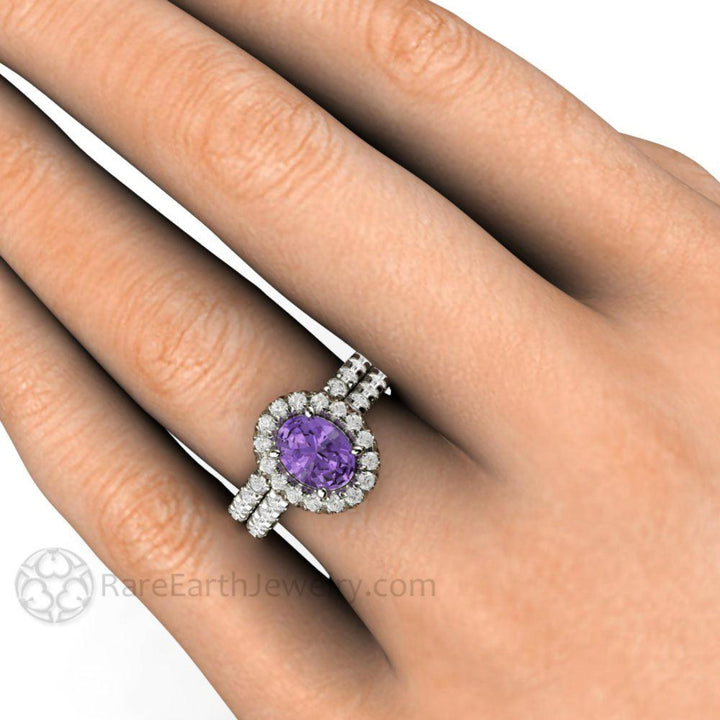 Purple Sapphire Engagement Ring and Wedding Band on the Hand, Oval Halo Bridal Set with Pave Diamonds | Rare Earth Jewelry