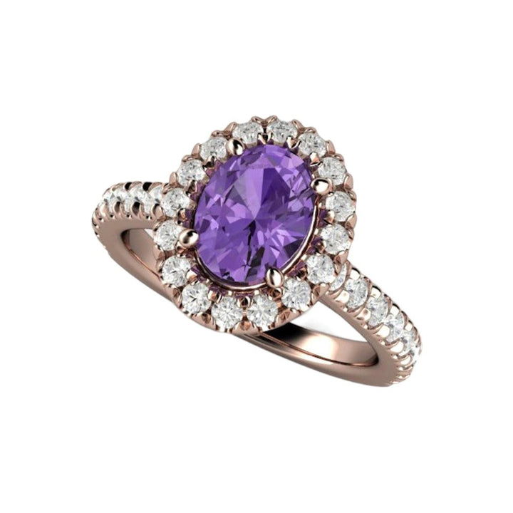 Oval Sapphire Engagement Ring, Purple Sapphire Ring with Diamond Accents, Pave Diamond Halo | Rare Earth Jewelry