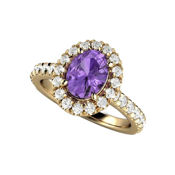 Purple Sapphire Engagement Ring, Pave Diamond Halo Cathedral Setting Purple Gemstone Ring in 14K and 18K Gold | Rare Earth Jewelry