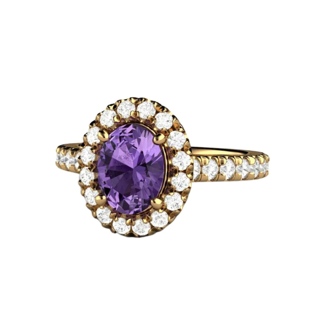 Oval Purple Sapphire Halo Engagement Ring, Purple Stone Ring with Diamond Accents | Rare Earth Jewelry