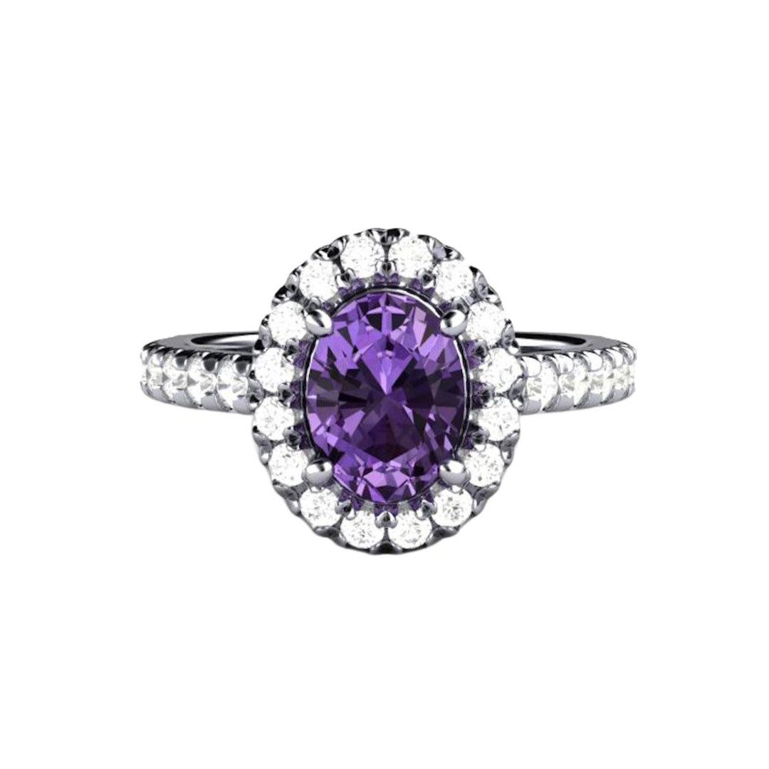 Purple Sapphire Engagement Ring in Platinum, Oval Diamond Halo | Rare Earth Jewelry