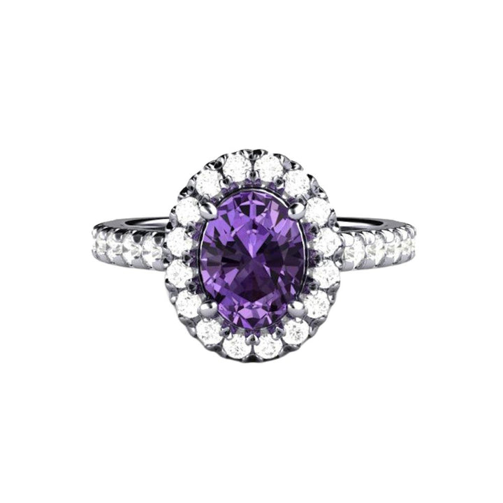 Purple Sapphire Engagement Ring in Platinum, Oval Diamond Halo | Rare Earth Jewelry