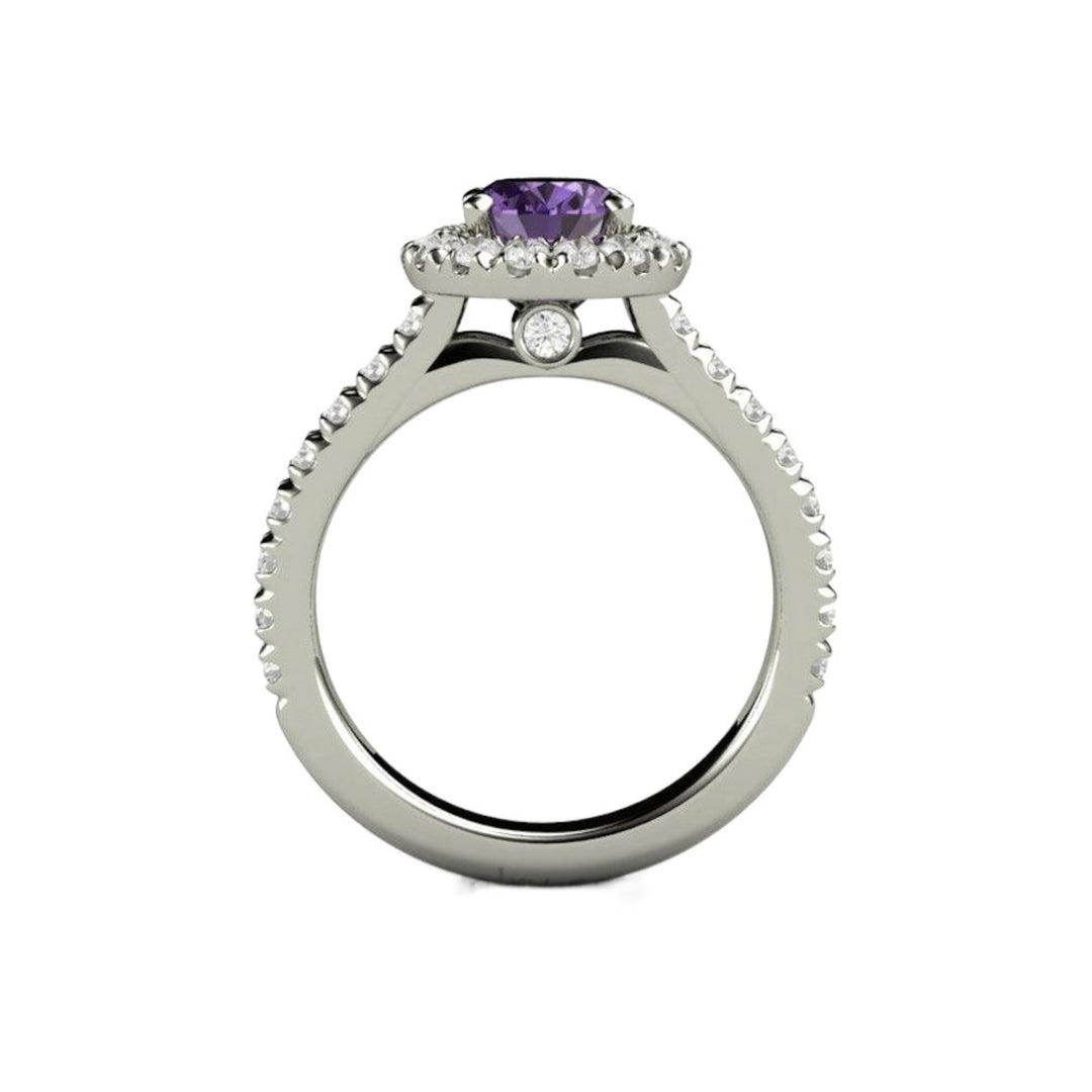 Purple Sapphire Engagement Ring Profile View, Oval Halo with Pave Diamonds Cathedral Setting, Hidden Diamonds, Gold and Platinum |Rare Earth Jewelry