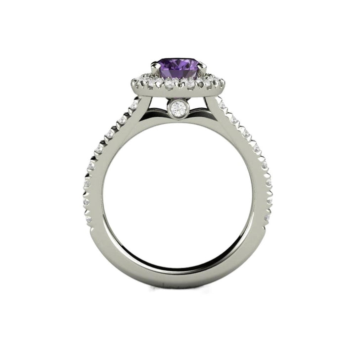 Purple Sapphire Engagement Ring Profile View, Oval Halo with Pave Diamonds Cathedral Setting, Hidden Diamonds, Gold and Platinum |Rare Earth Jewelry