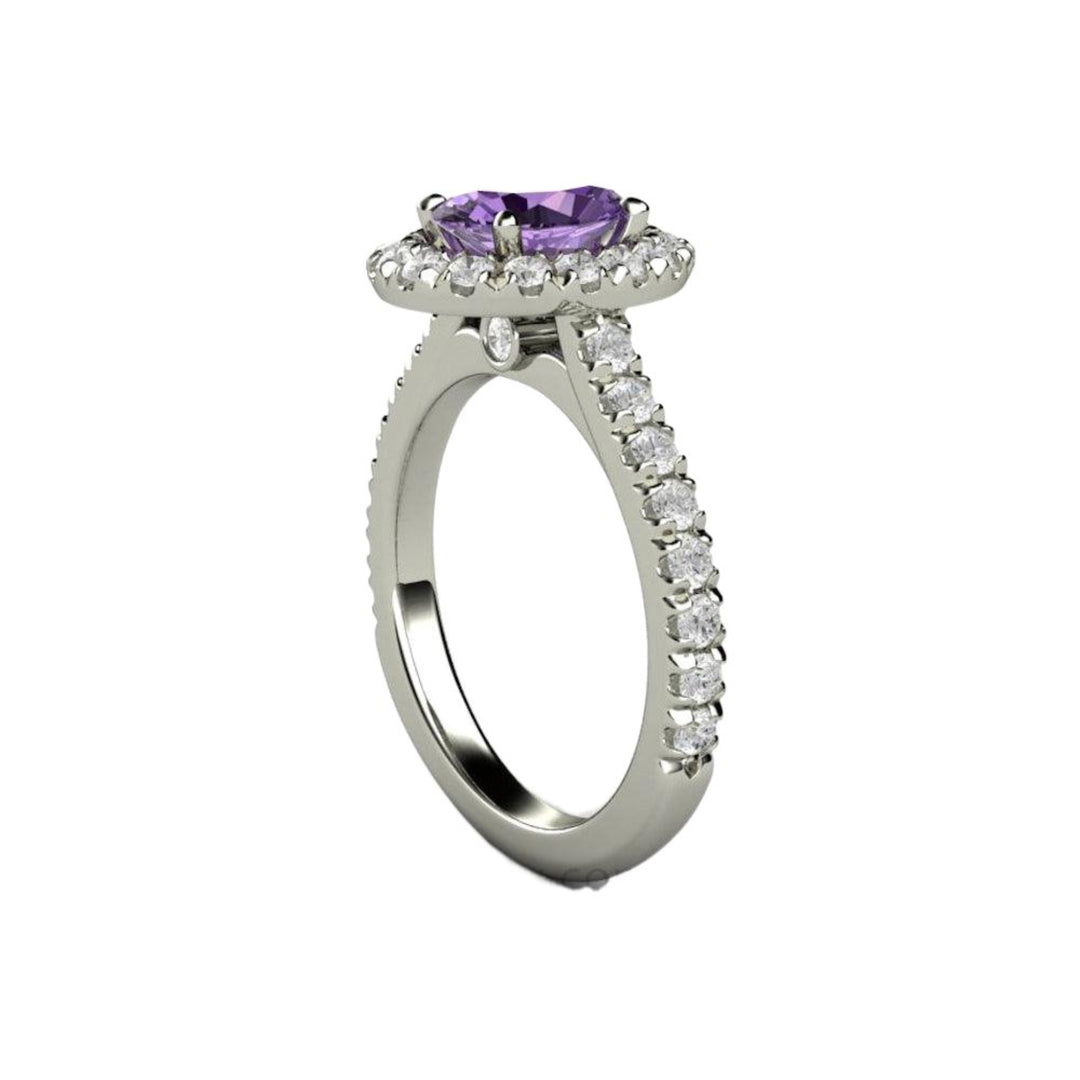 Purple Sapphire Engagement Ring Oval Halo with Pave Diamonds and Cathedral Setting in 14K or 18K Gold and Platinum | Rare Earth Jewelry