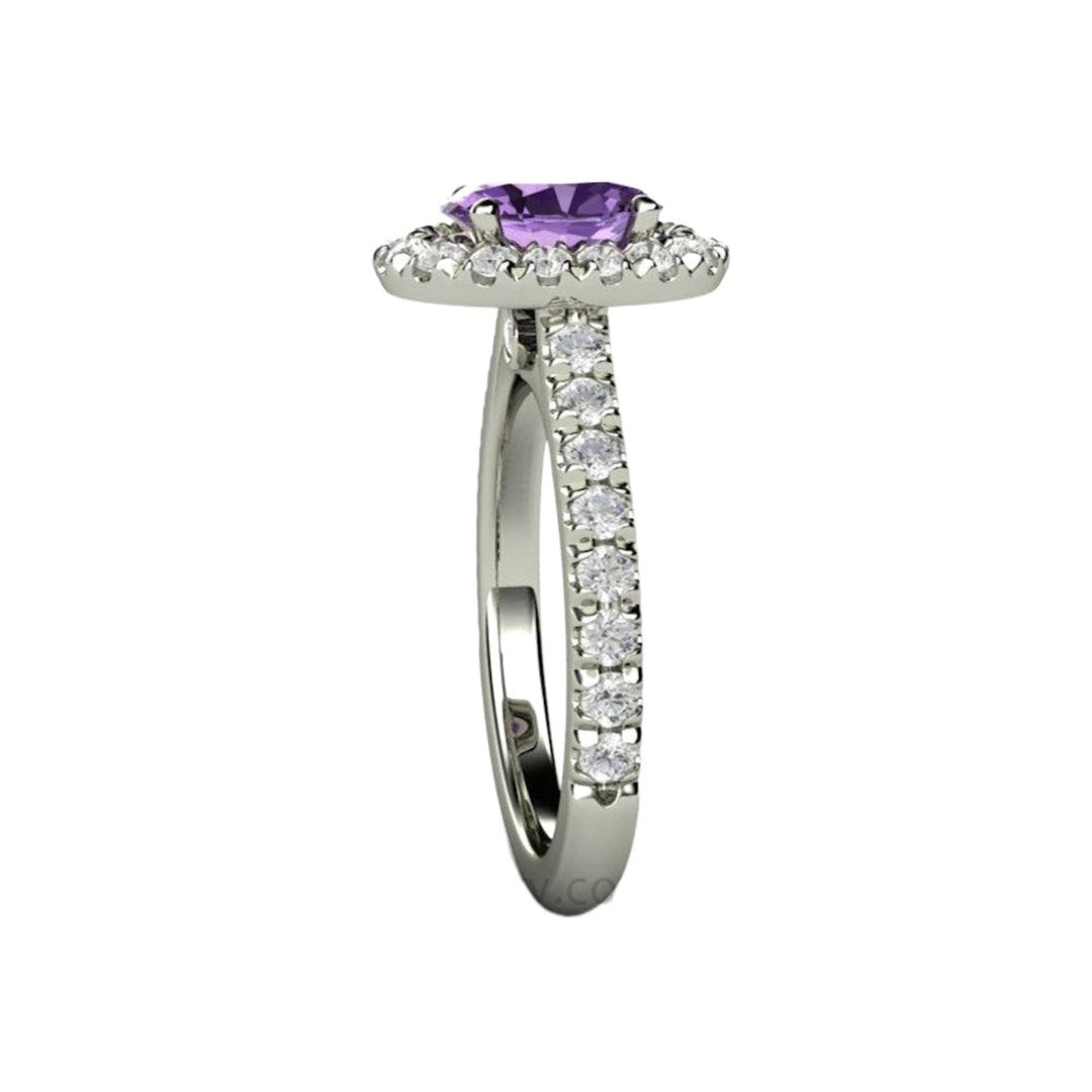 Purple Sapphire Engagement Ring Oval Halo with Pave Diamonds, Side View | Rare Earth Jewelry