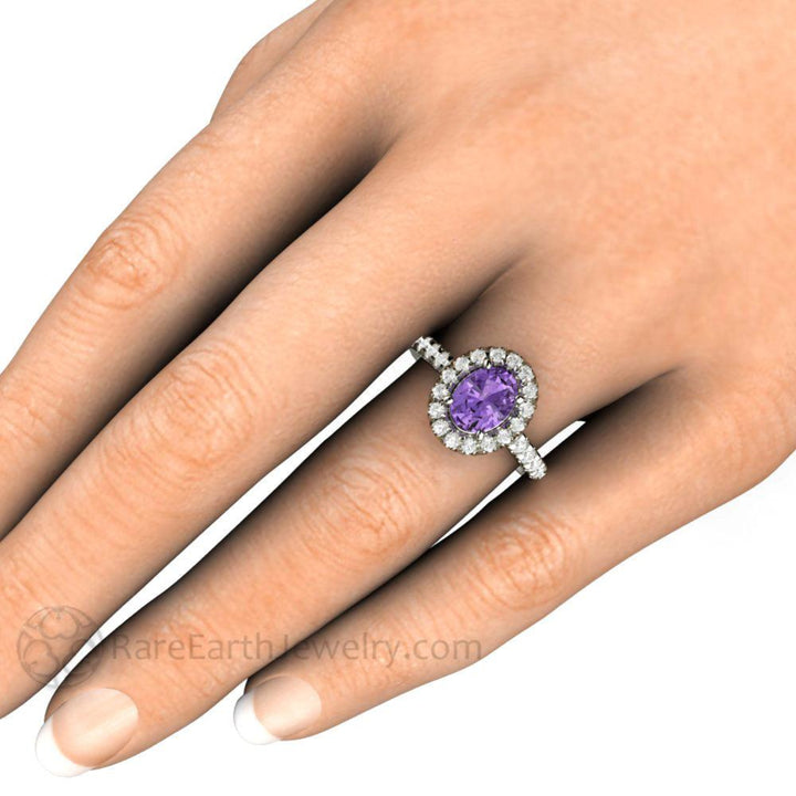 Purple Sapphire Engagement Ring Oval Halo with Pave Diamonds shown on the Hand | Rare Earth Jewelry