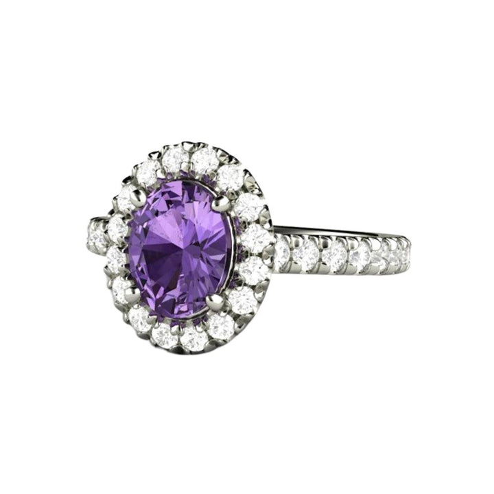 Purple Sapphire Engagement Ring Oval Cathedral Halo with French Pave Set Diamonds, Unique Engagement Ring with Purple Stone | Rare Earth Jewelry