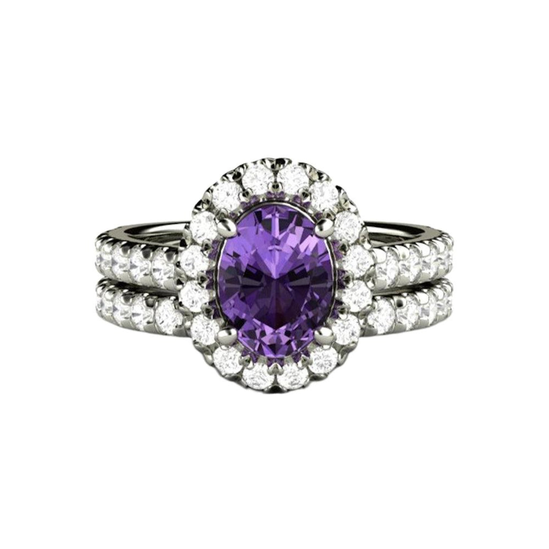 Purple Sapphire Engagement Ring and Matching Pave Diamond Wedding Band, Oval Halo Bridal Set | Rare Earth Jewelry