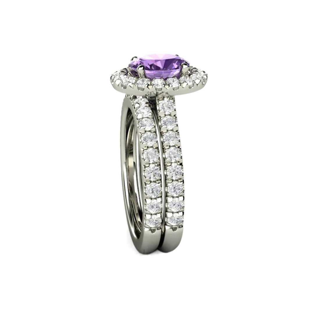 Side View of Purple Sapphire Wedding Set, Oval Cathedral Halo Engagement Ring | Rare Earth Jewelry