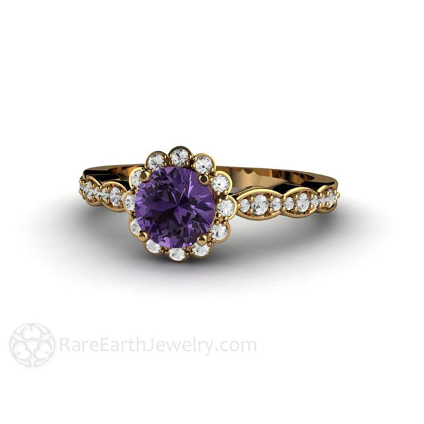 Purple Sapphire Engagement Ring Vintage Diamond Halo 18K Yellow Gold - Rare Earth Jewelry