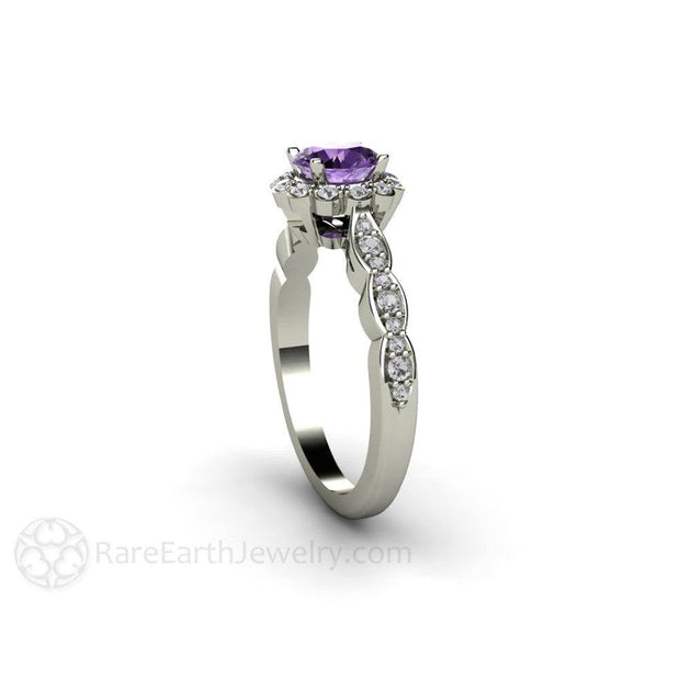 Purple Sapphire Engagement Ring Vintage Diamond Halo 14K White Gold - Rare Earth Jewelry