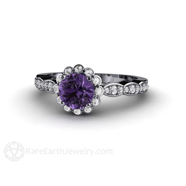 Purple Sapphire Engagement Ring Vintage Diamond Halo Platinum - Rare Earth Jewelry