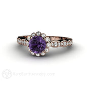 Purple Sapphire Engagement Ring Vintage Diamond Halo 14K Rose Gold - Rare Earth Jewelry