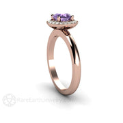 Purple Sapphire Ring Diamond Halo Engagement 14K Rose Gold - Rare Earth Jewelry
