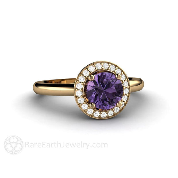 Purple Sapphire Ring Diamond Halo Engagement 14K Yellow Gold - Rare Earth Jewelry