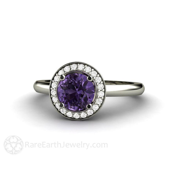 Purple Sapphire Ring Diamond Halo Engagement 14K White Gold - Rare Earth Jewelry