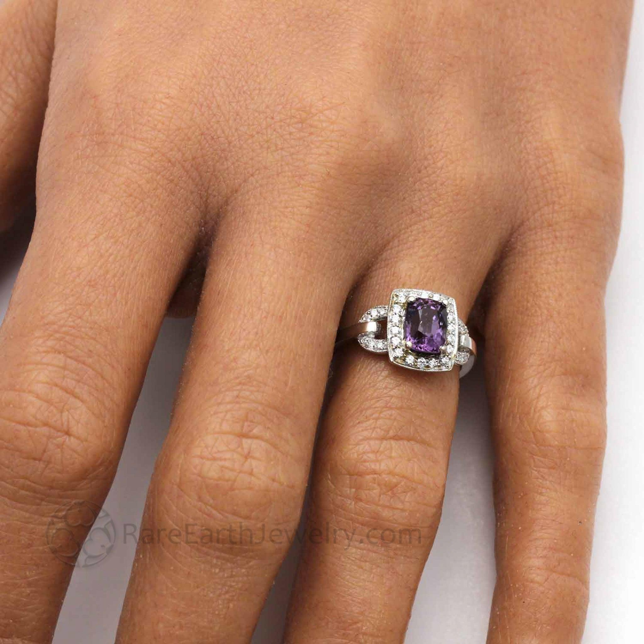 Purple Spinel Engagement Ring Vintage Inspired Halo Buckle Design Rare Earth Jewelry